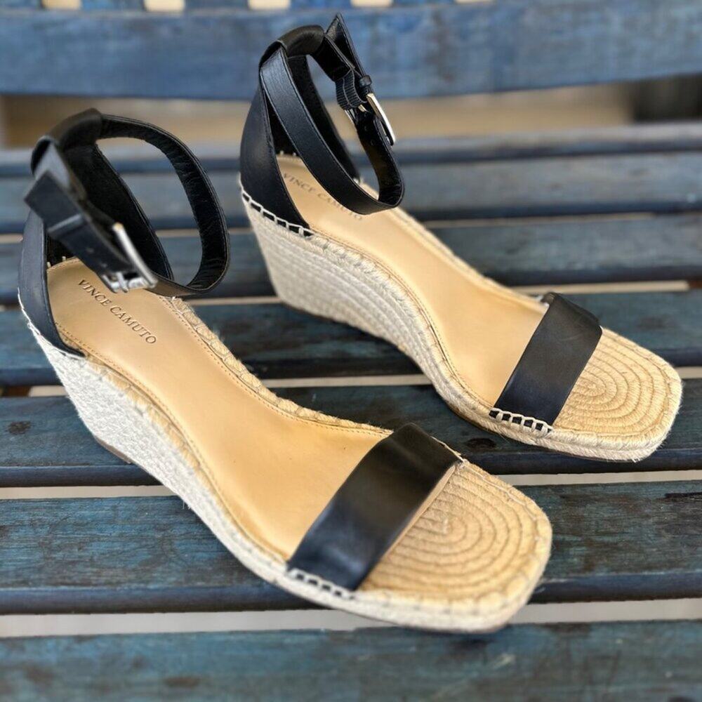 Vince Camuto Women Black Leather Espadrille Wedge Sandals Meddrina Size 11